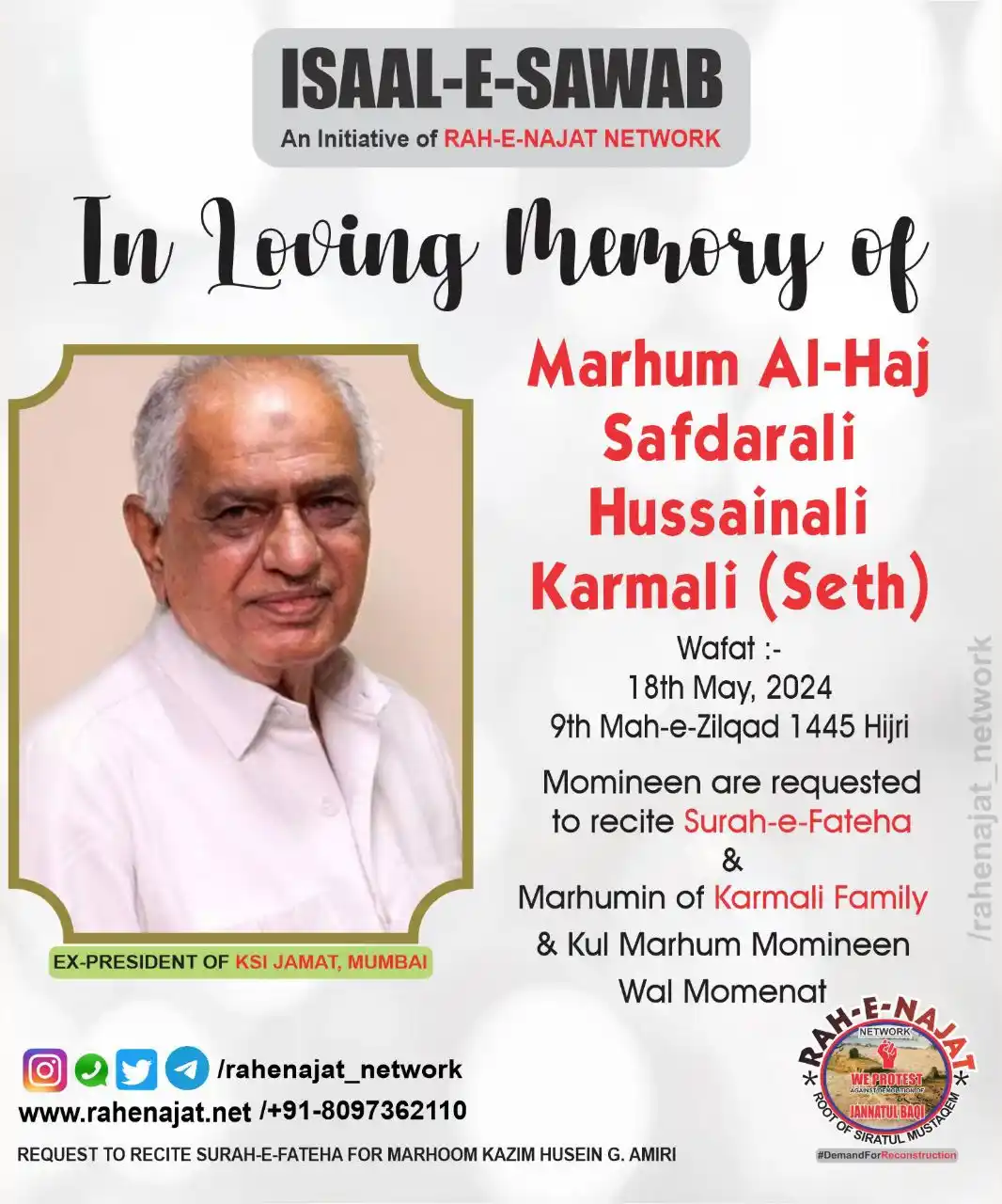 Image from RAH-E-NAJAT NETWORK: *18th May, 2025* _01st Barsi Day_  🙏🏻 _*Iltemase Surah e Fateha*_ 🙏...