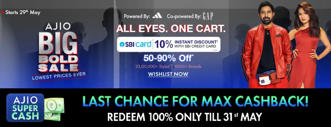 Image from BEST Sale Offers Only: 🔴🔴 AJIO The BIG BOLD Sale Cheat Sheet + Flat 15% Cashback Homepage...