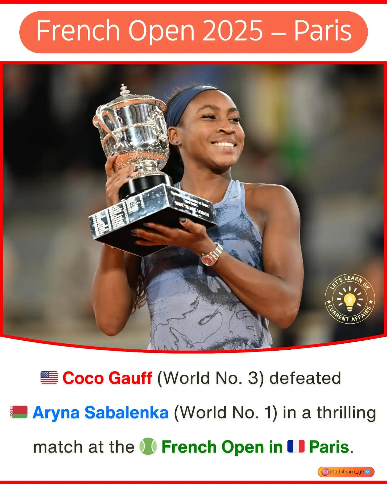 Image from Let's Learn Gk: American tennis player Coco Gauff (World No. 3) defeated Aryna Sabalen...