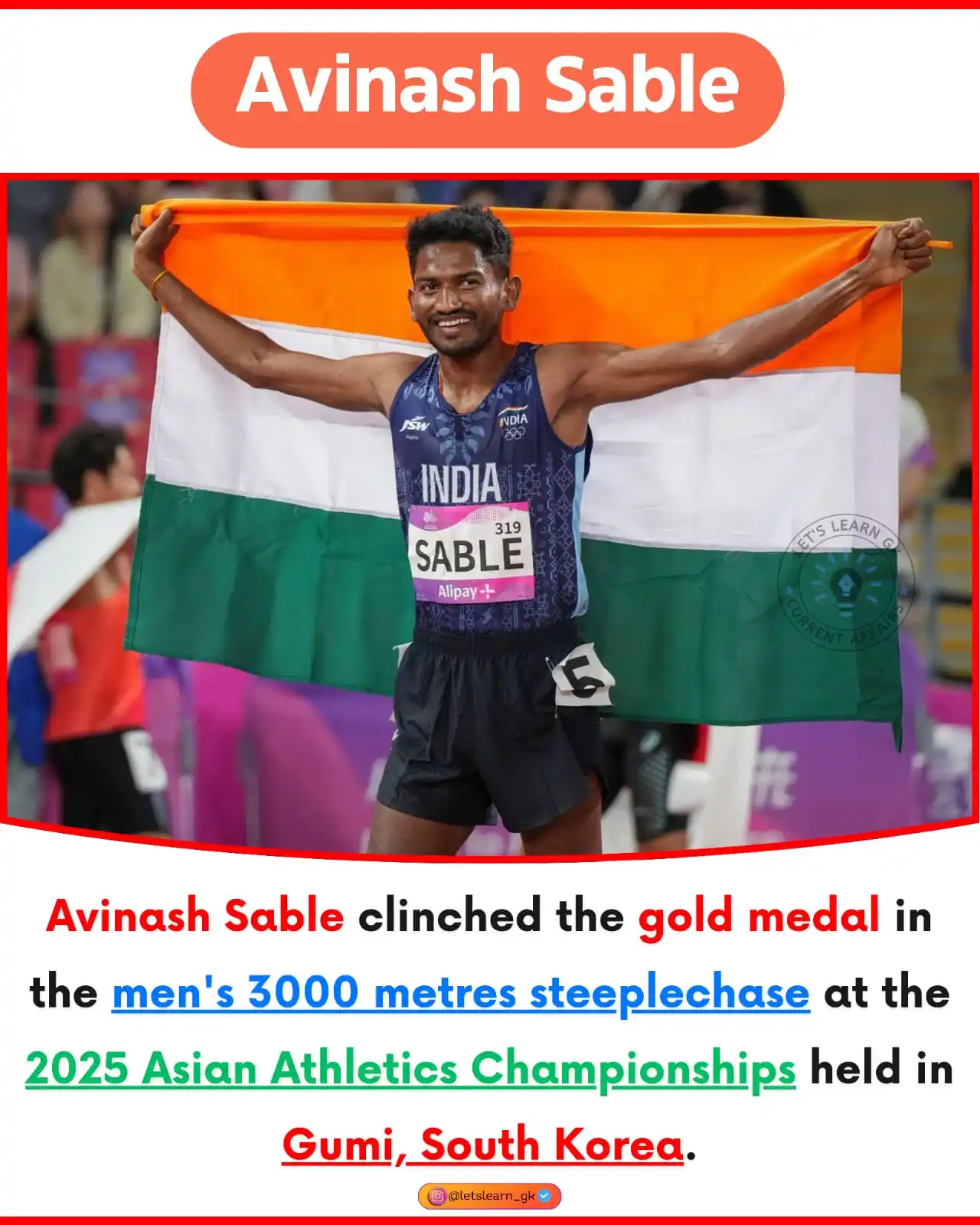 Image from Let's Learn Gk: Avinash Sable clinched the gold medal in the men's 3000 metres steeple...