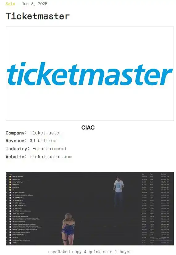 Image from CIAC = Canal de inteligencia de amenazas compartidas: 🚨CIAC Alerta: 🚨 Alerta de ciberataque - Ticketmaster El grupo de ha...