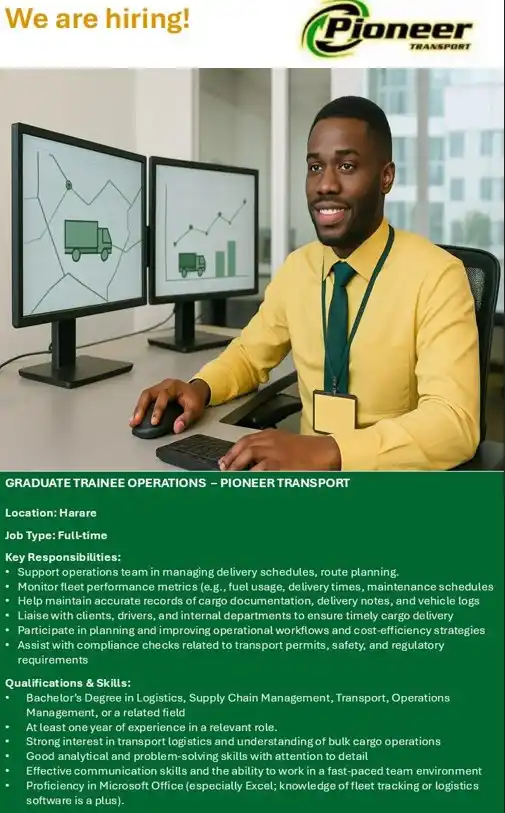 Image from ApplyNOW Zimbabwe: GRADUATE TRAINEESHIP 📢 Pioneer Transport Graduate Trainee – Operation...