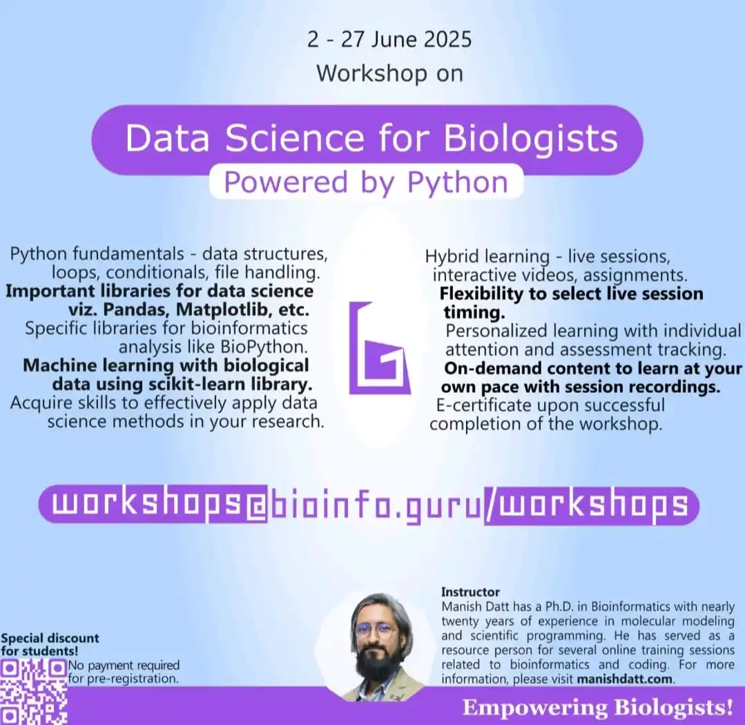 Image from bioinfo.guru: One month workshop on ๐๐ฎ๐๐ฎ ๐ฆ๐ฐ๐ถ๐ฒ๐ป๐ฐ๐ฒ ๐ณ๐ผ๐ฟ ๐๐ถ๐ผ๐น๐ผ๐ด๐ถ๐๏ฟฝ...
