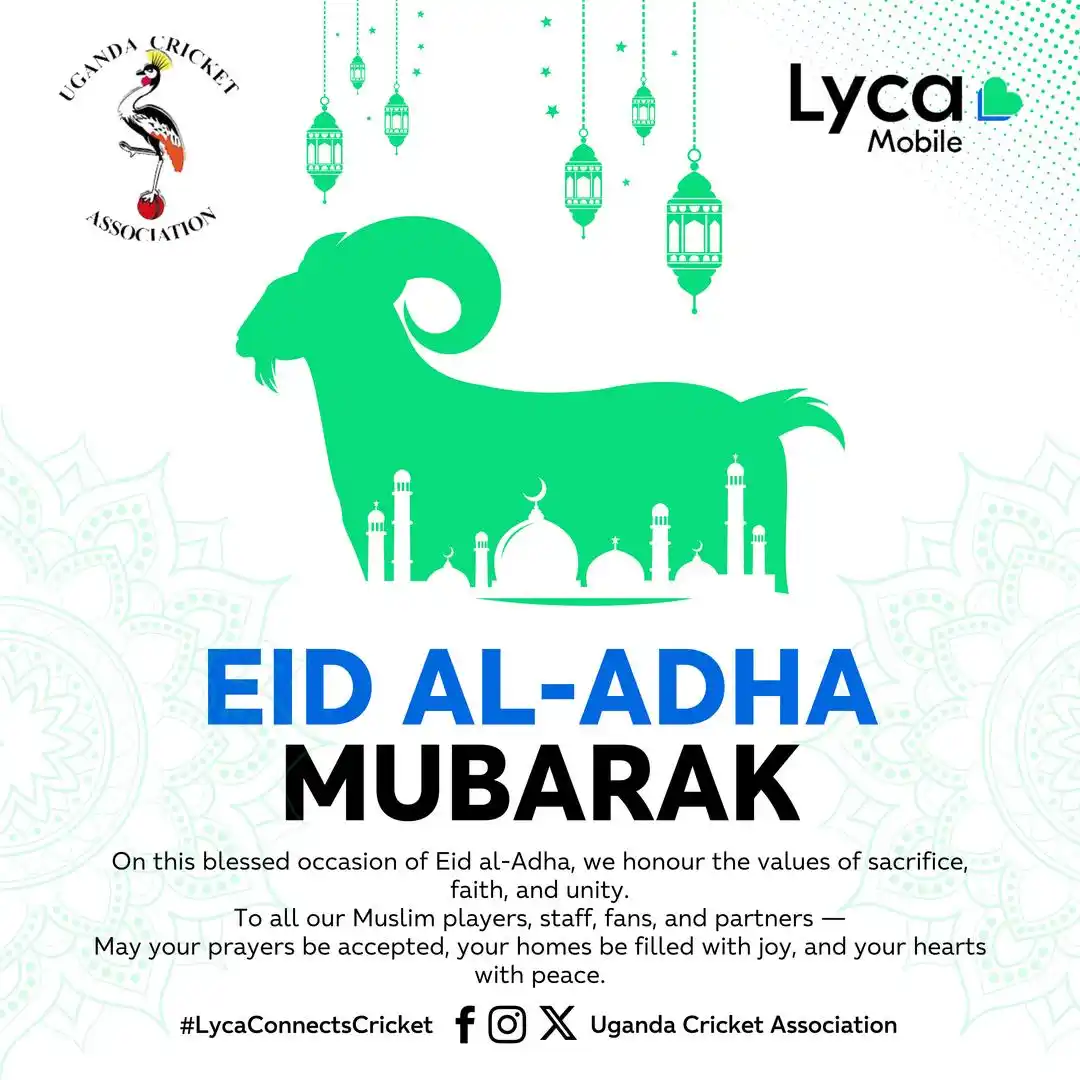 Image from Uganda Cricket Association: Wishing you a joyful and blessed Eid Al-Adha — from us to you. <a cla...