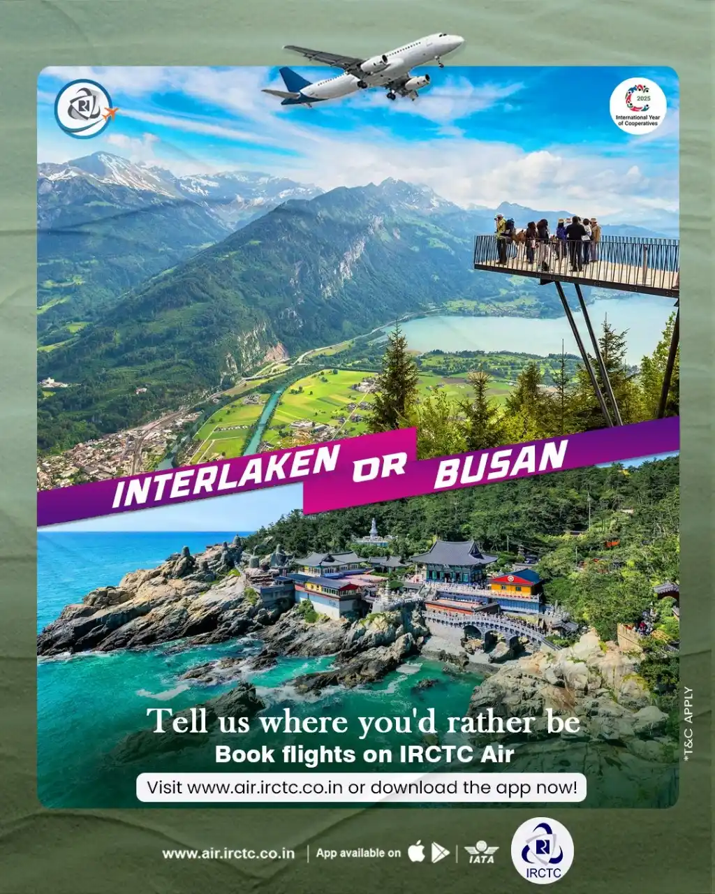 Image from IRCTC Official: For an international getaway, would you rather head west to Interlaken...