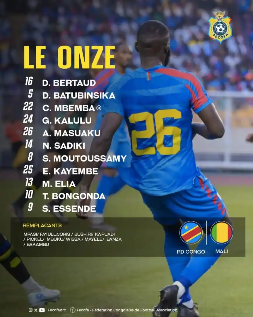 Image from Une.cd: 📢 MATCHDAY | RD Congo 🇨🇩 🆚 🇲🇱 Mali 🏟 Stade de la Source 🕙 Co...