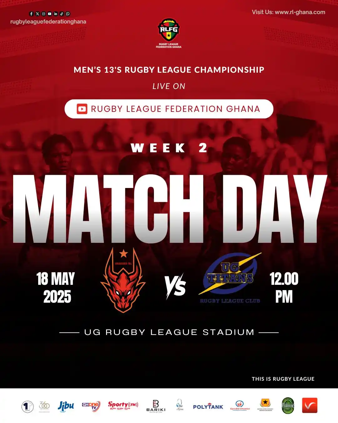Image from RUGBY LEAGUE FEDERATION GHANA 🇬🇭 🏉: 🚨 Men’s 13s Championship – Week 2 LIVE Update 🚨  🎯 Dragons vs Titan...
