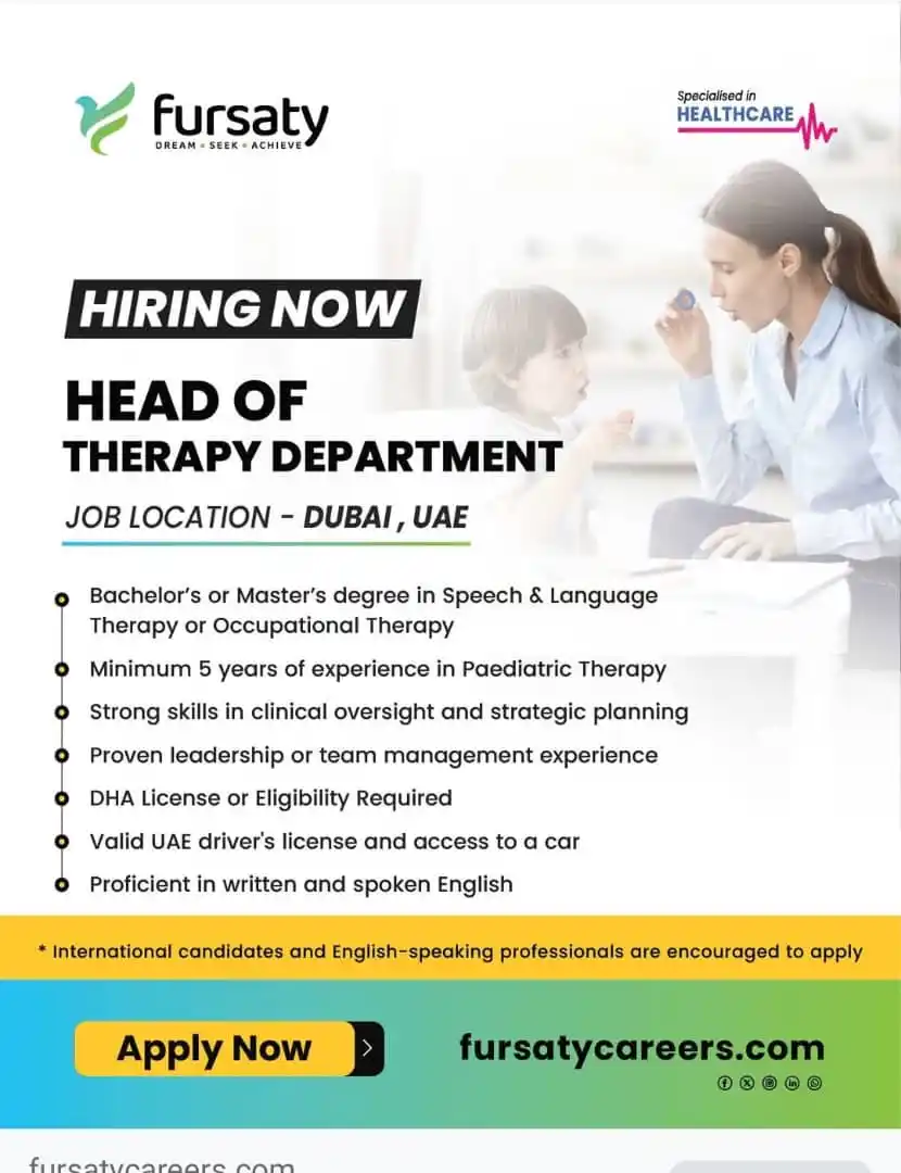 Image from Verifiable Jobs/ Opportunities With #AdetolaElegbeje: 📢 Now Hiring: Head of Therapy Department 📍 Location: Dubai, UAE Rea...