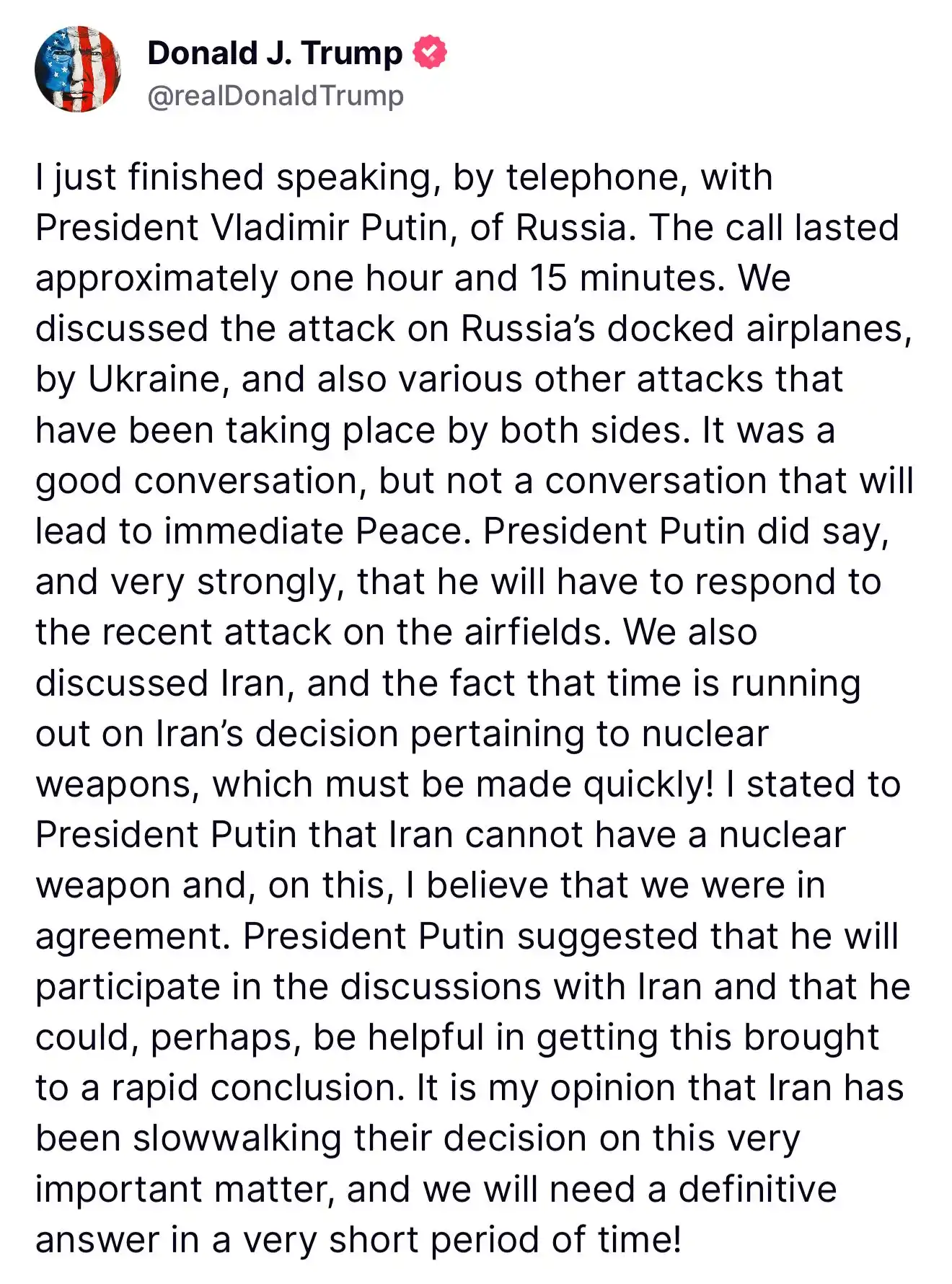 Image from 🔴 Ultimora.net - Breaking News: Nuova telefonata fra Trump e Putin, *il presidente americano: “Ho parl...