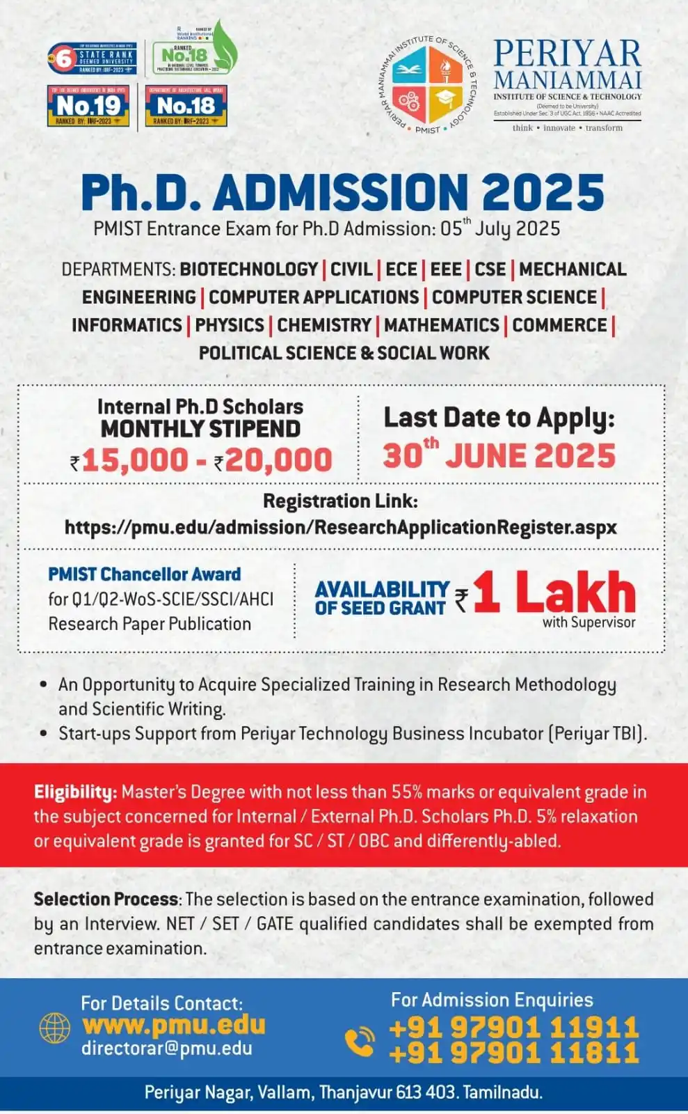 Image from PMIST: 🏢 *PERIYAR MANIAMMAI INSTITUTE OF SCIENCE & TECHNOLOGY (PMIST), THANJ...