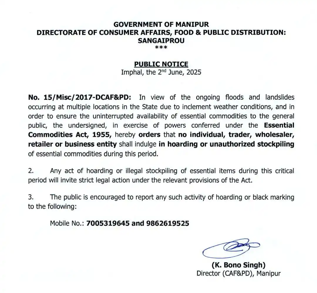 Image from Unfiltered Manipur: "Public Notice: Strict Action Against Hoarding Amidst Flood and Landsl...