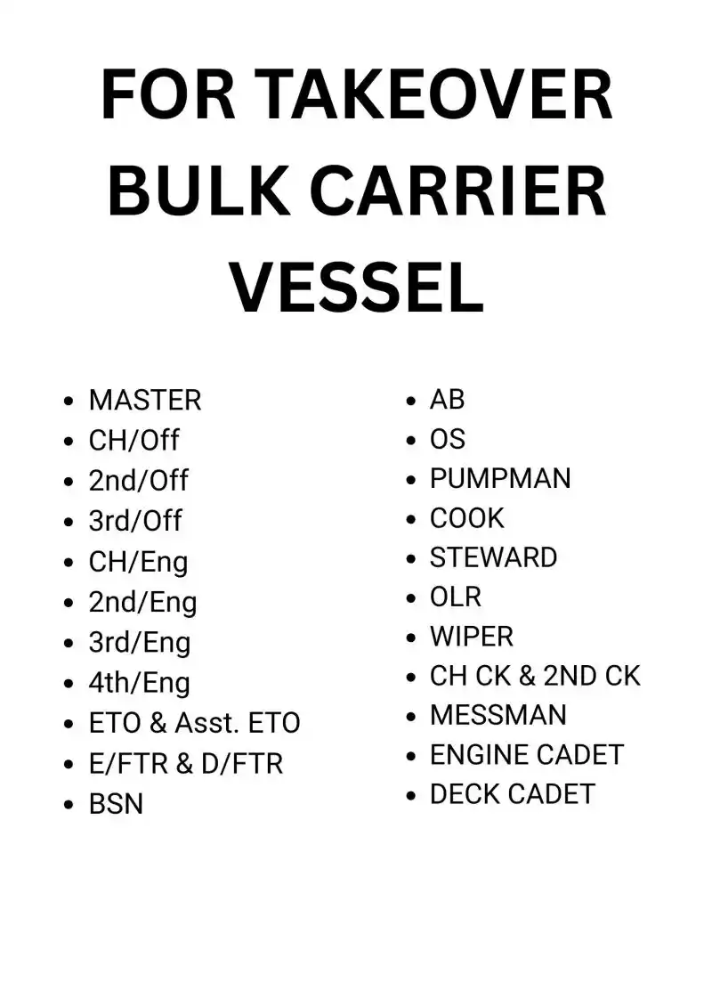 Image from Marine Jobs : We are Hiring for:- . FOR TAKEOVER BULK CARRIER VESSEL . MASTER CH/Off...