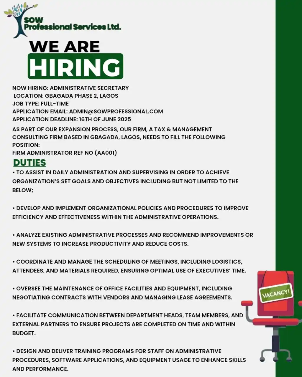 Image from Verifiable Jobs/ Opportunities With #AdetolaElegbeje: 🚨 We’re Hiring: Administrative Secretary Are you organized, detail-or...