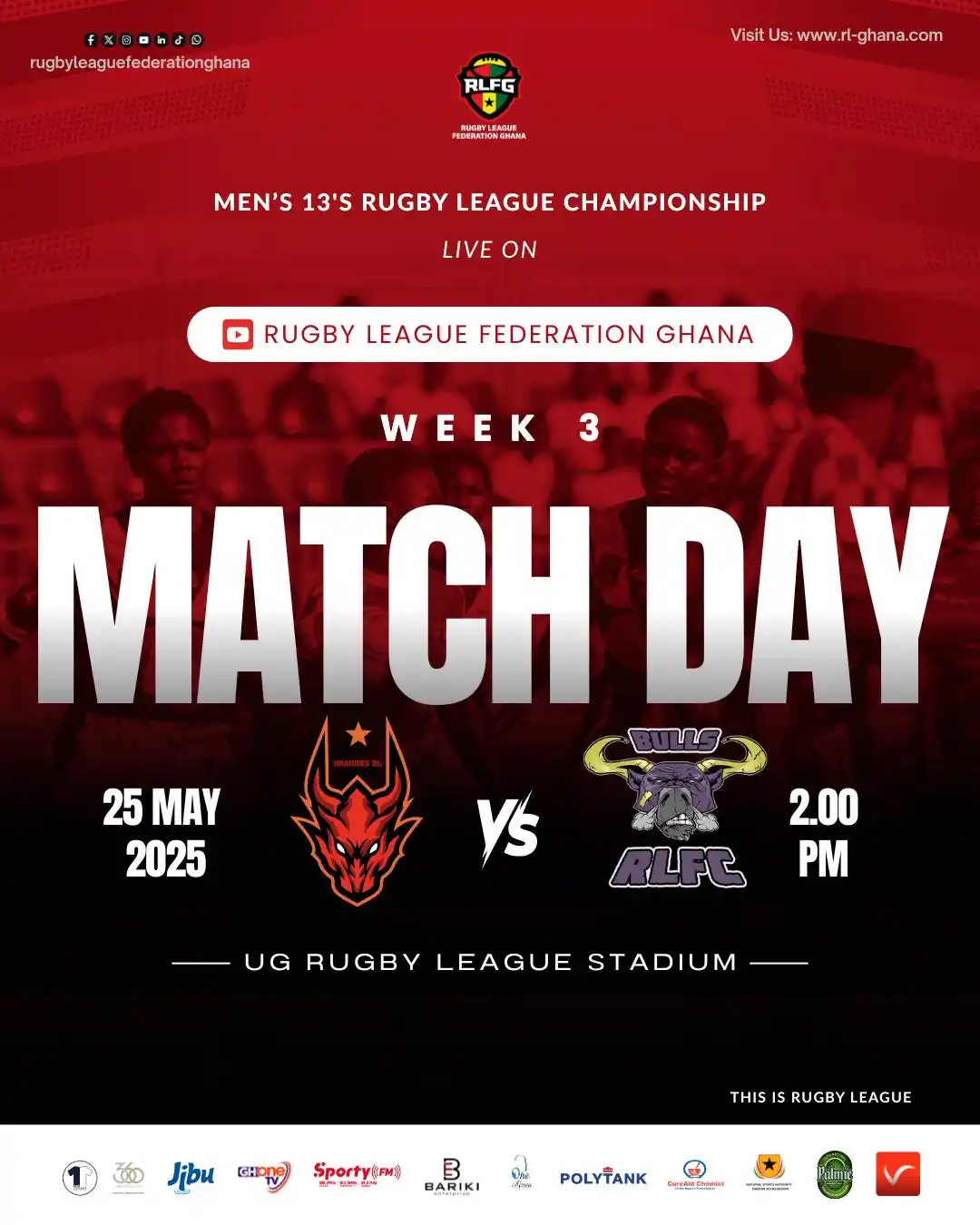 Image from RUGBY LEAGUE FEDERATION GHANA 🇬🇭 🏉: 🔥 WEEK 3 CONTINUES 🔥  📋 Game 2: 🐉 Dragons 🆚 🐂 Bulls We’re set fo...