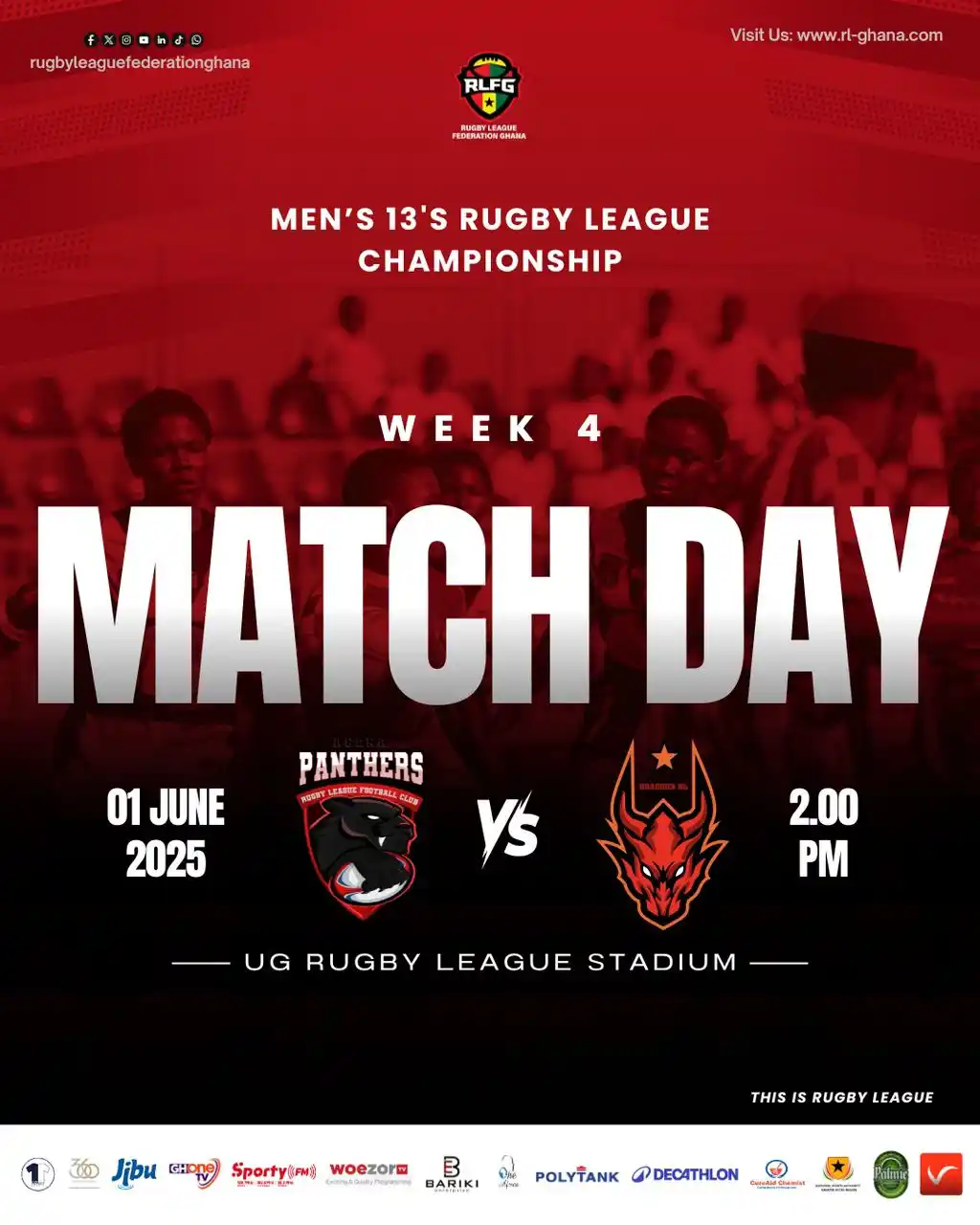 Image from RUGBY LEAGUE FEDERATION GHANA 🇬🇭 🏉: 📋 Week 4 | Men’s 13s Championship 🔥 GAME 2 🐾 ACCRA PANTHERS vs 🐉 ...
