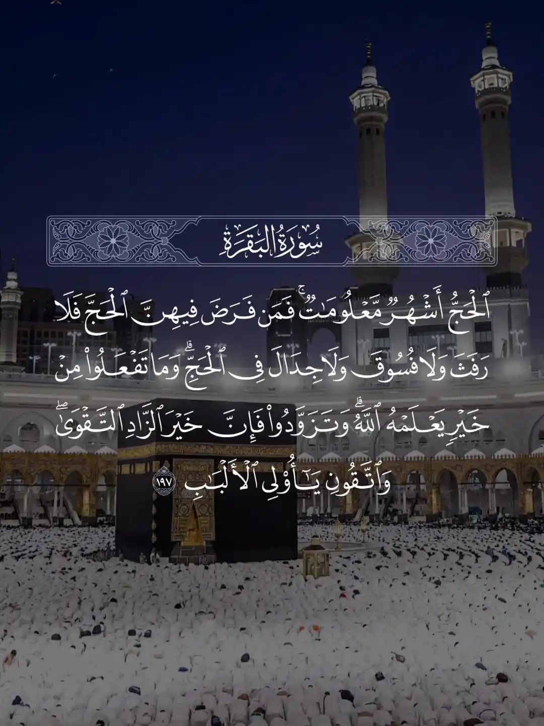 Image from القرآن - 𝑄𝑢𝑟𝑎𝑛: ﴿الحَجُّ أَشهُرٌ مَعلوماتٌ فَمَن فَرَضَ فيهِنَّ الحَجَّ فَلا رَفَثَ وَ...