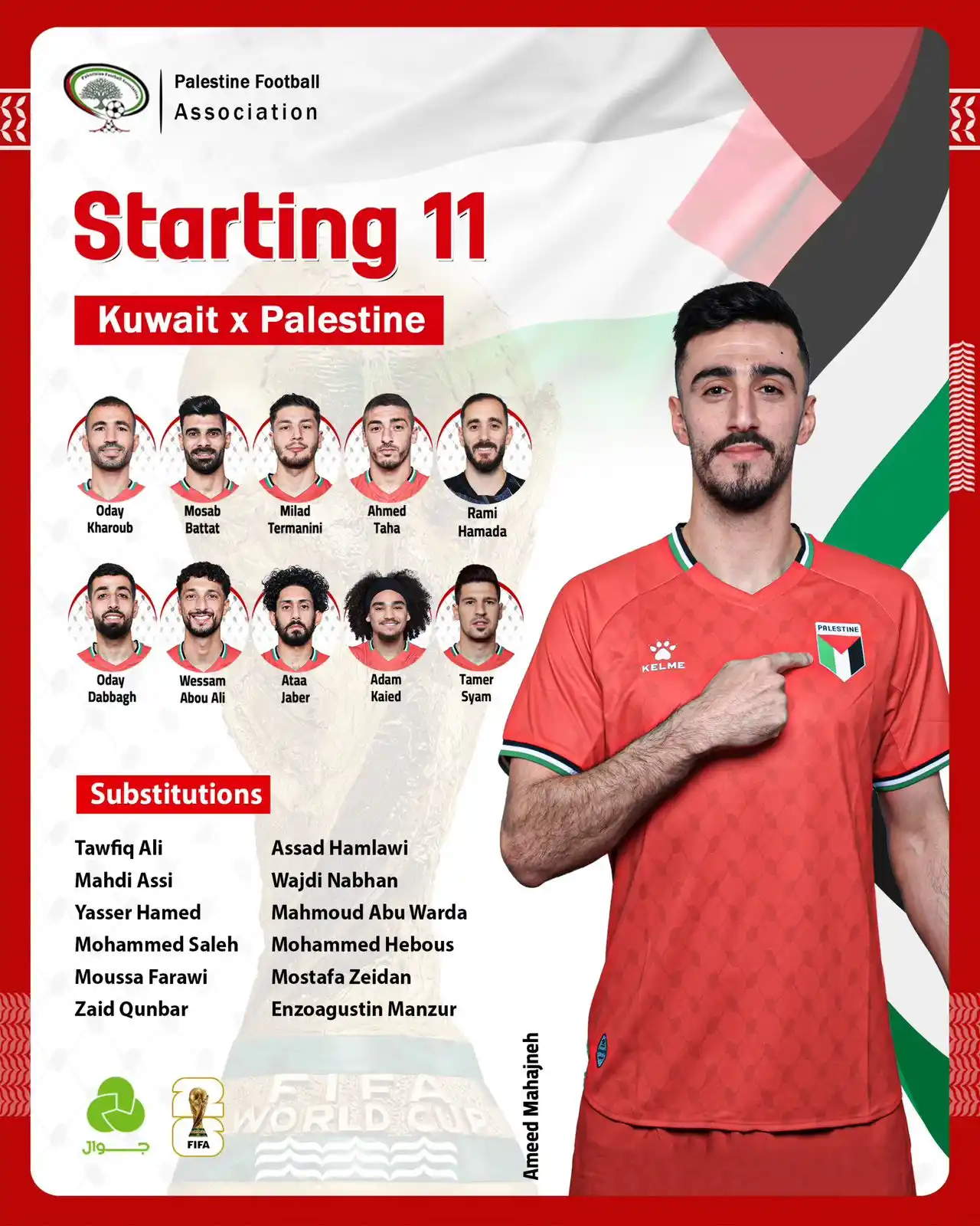 Image from PFA الاتحاد الفلسطيني لكرة القدم: ⚪️🔴 التشكيلة الرسمية للفدائي في مواجهة الكويت لحساب الجولة التاسعة م...