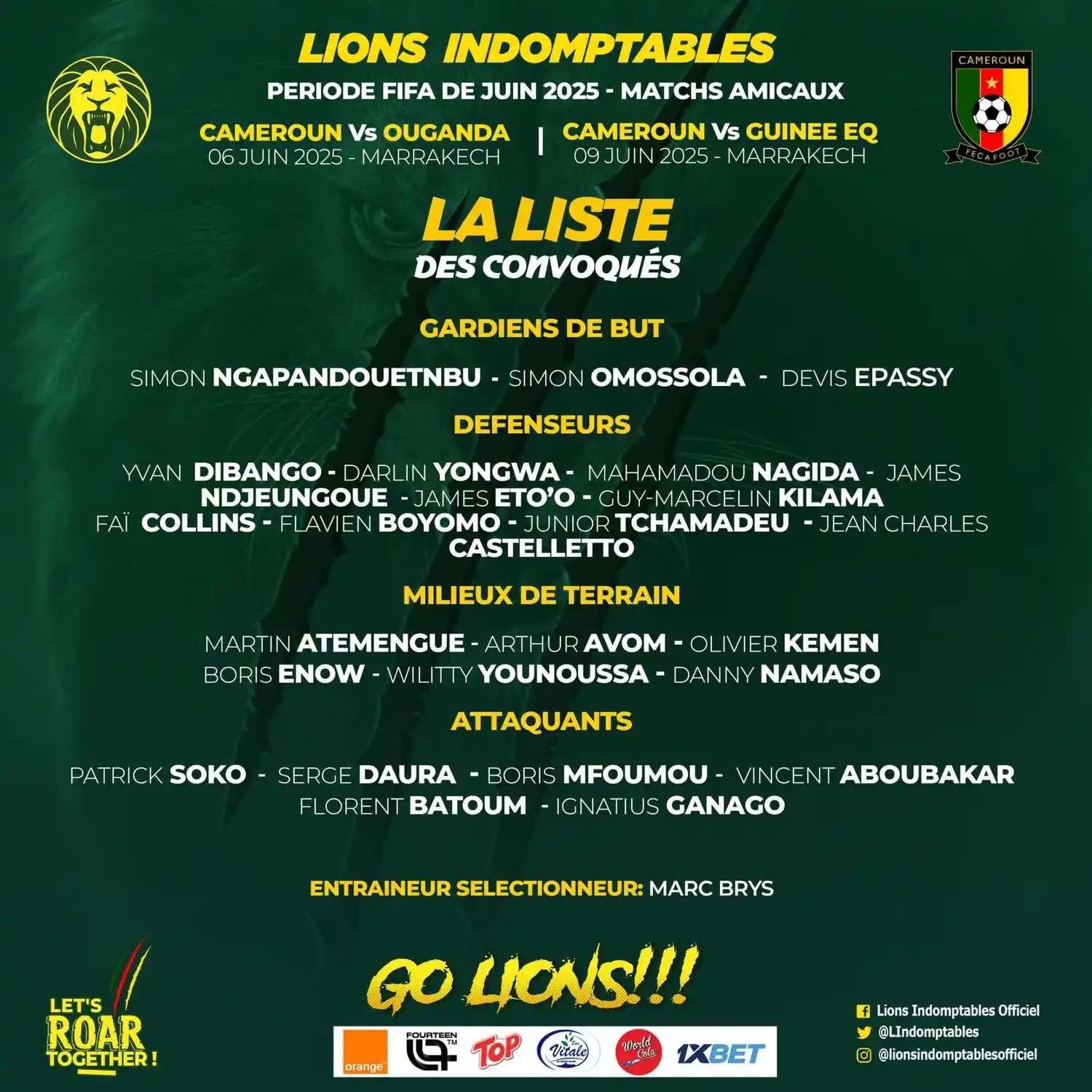 Image from DFM Radio 103.9 MhZ 📻🎤🟡: ⚽🇨🇲 *Cameroon’s head coach Marc Brys has released a 25-man squad ahe...