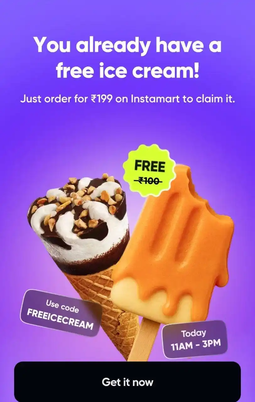 Image from NonStopDeals: FREE Ice Cream🍦 Order worth ₹199 on Swiggy Instamart and get a free ...