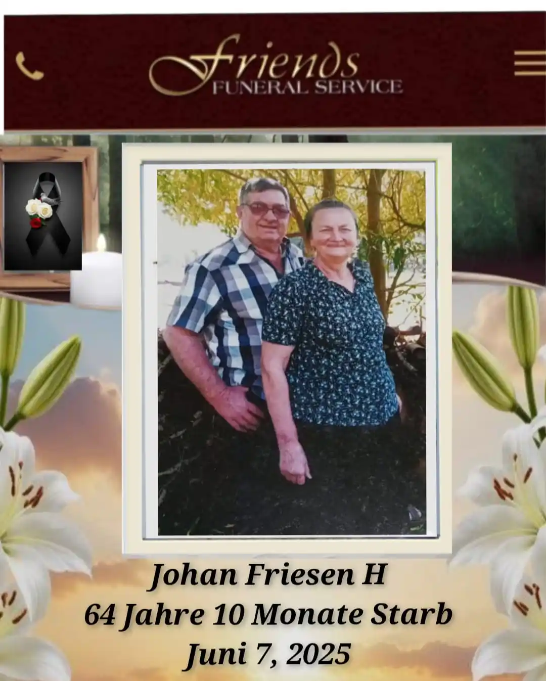 Image from Dodesnurecht Schennel: Gestorben ist den 7ten Juni 2025. Johan H. Friesen. Im Alter von 64 Ja...