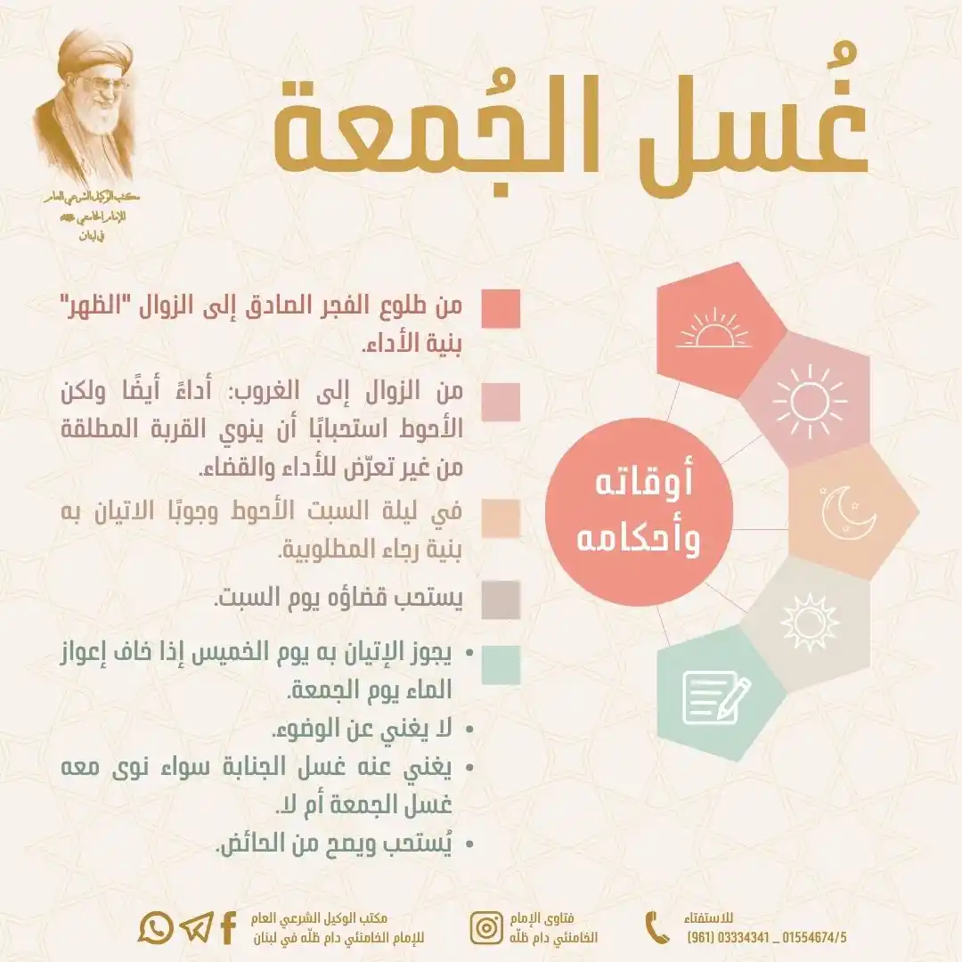Image from مكتب الوكيل الشرعي العام للامام الخامنئي دام ظله في لبنان: 🔸غسل الجمعة ◀️ أوقاته وأحكامه ▫️اللهم عجل لوليك الفرج <a class="tex...
