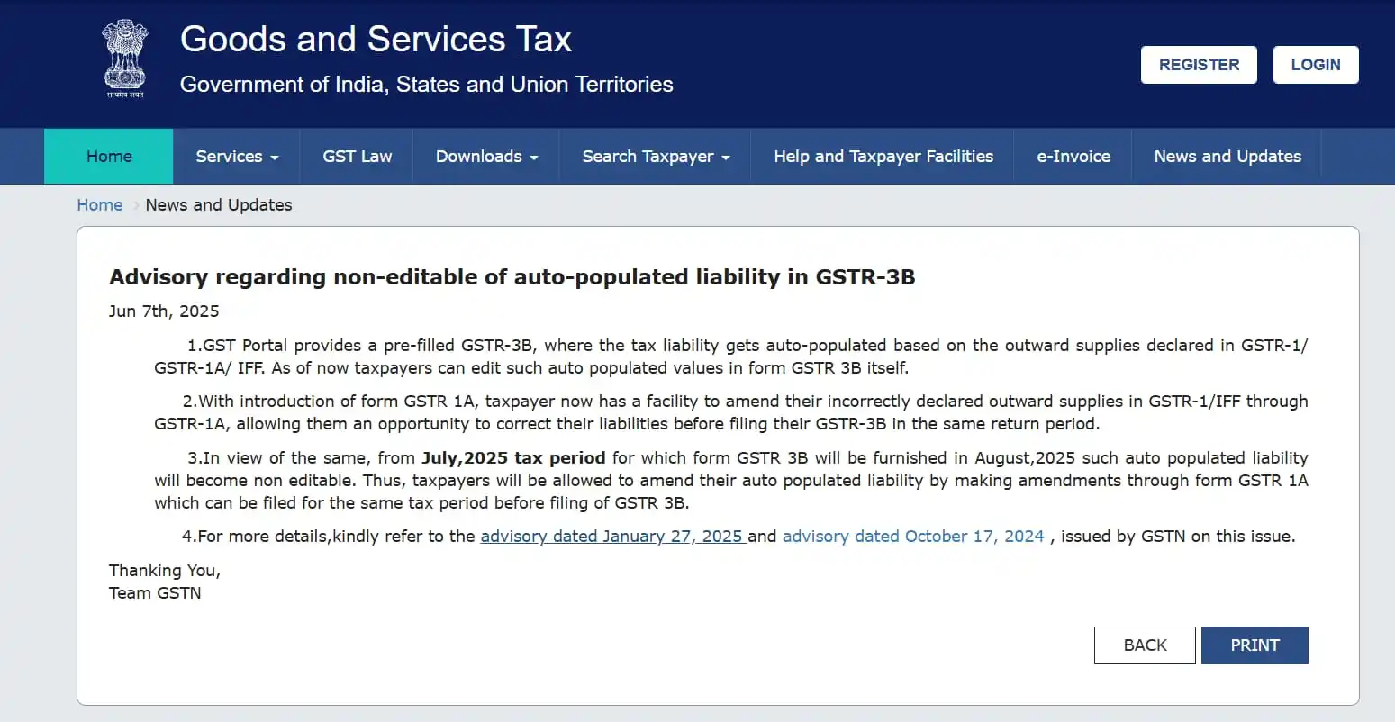 Image from Taxation_Update: 🚨 GSTN Update – Un-editable Outward Liability in GSTR-3B from July 20...