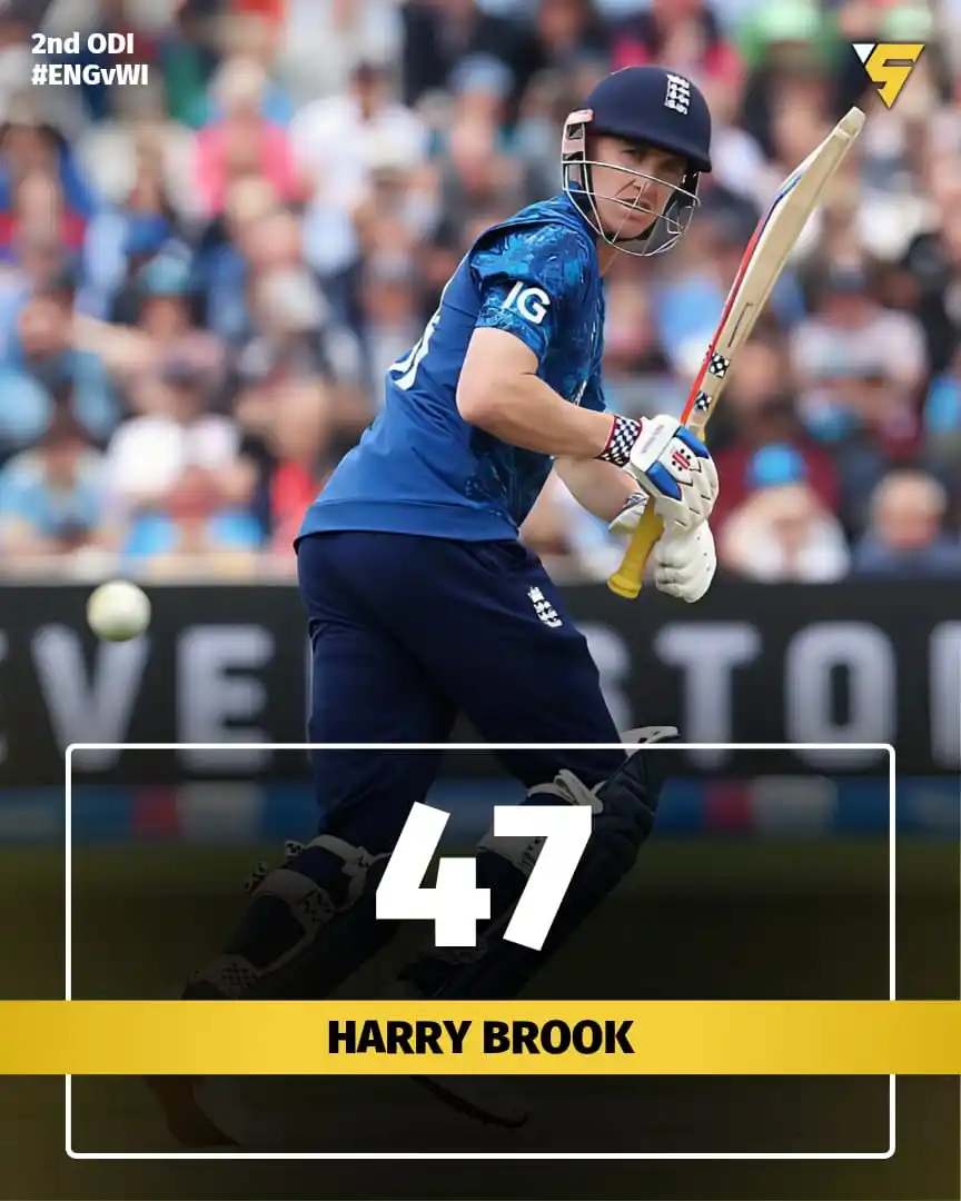 Image from Sportify©️: Harry Brook steadies the chase with a solid 4️⃣7️⃣ against West Indies...
