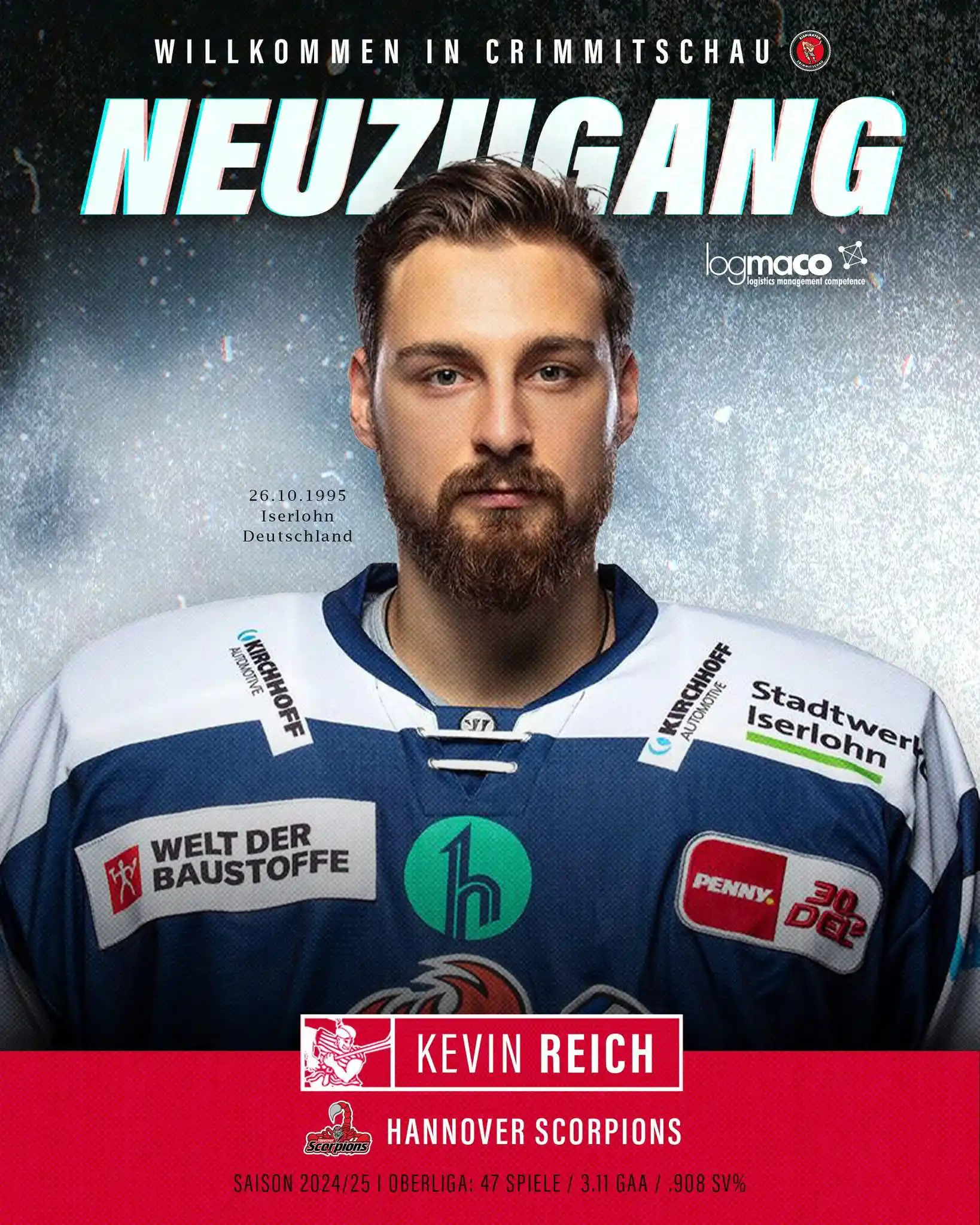 Image from Eispiraten Crimmitschau : Herzlich willkommen in Crimmitschau, Kevin Reich 👋🔴⚪ Der 29-jährige...