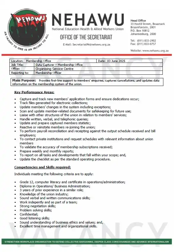 Image from NEHAWU: *NEHAWU is hiring in Gauteng - Head Office : Data Capturer Membership ...