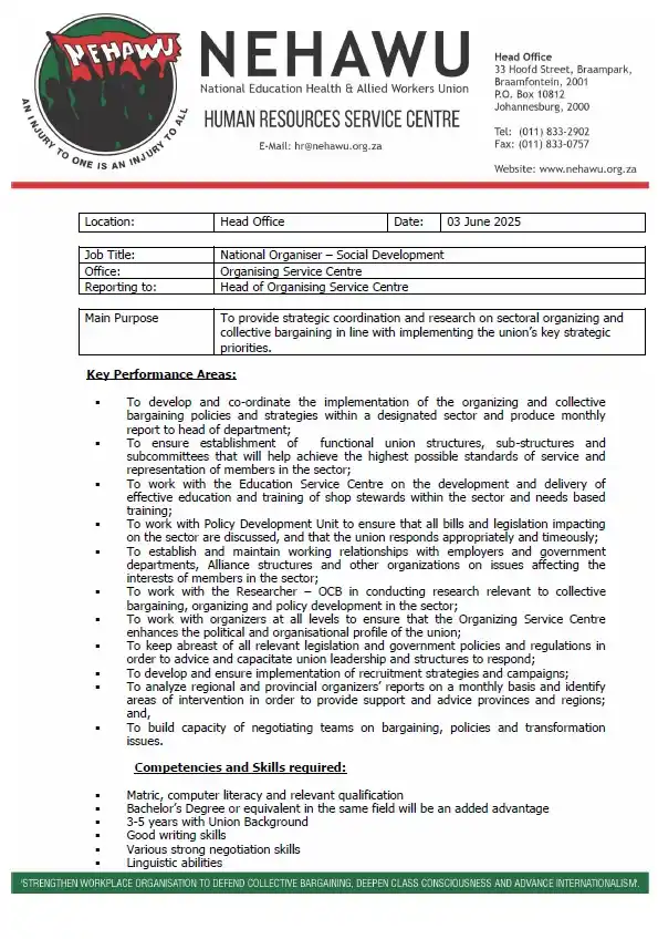 Image from NEHAWU: *NEHAWU is hiring in Gauteng - Head Office : National Organiser Social...