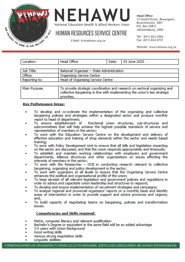 Image from NEHAWU: *NEHAWU is hiring in Gauteng - Head Office : National Organiser State ...