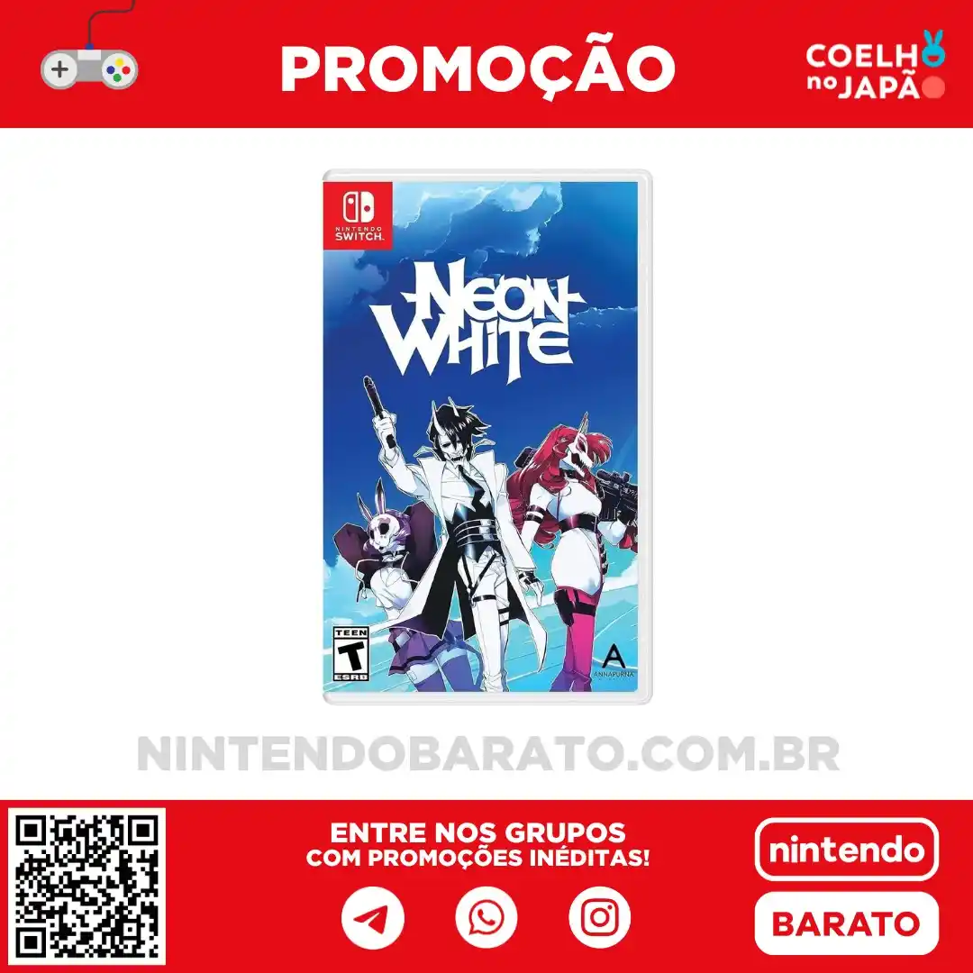 Image from NintendoBarato.com.br: 🔥 *Neon White* _O jogo é MUITO bom! É um shooter puzzle com pegada d...