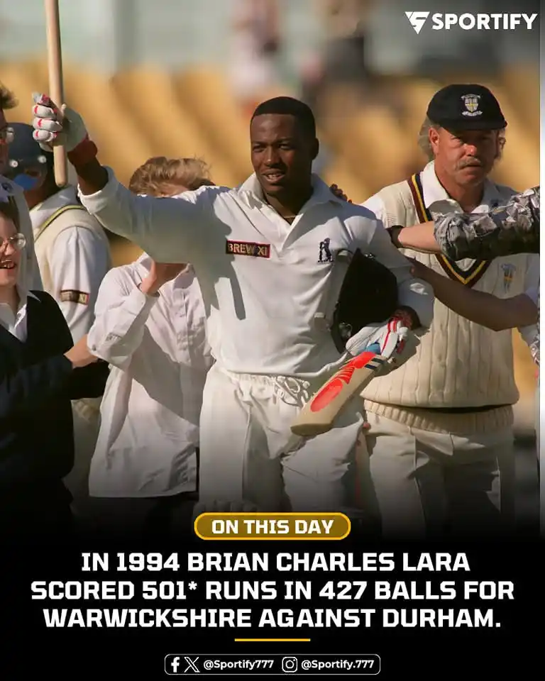Image from Sportify©️: ON THIS DAY in 1994... 📆 Brian Charles Lara scored a monumental 501 ...