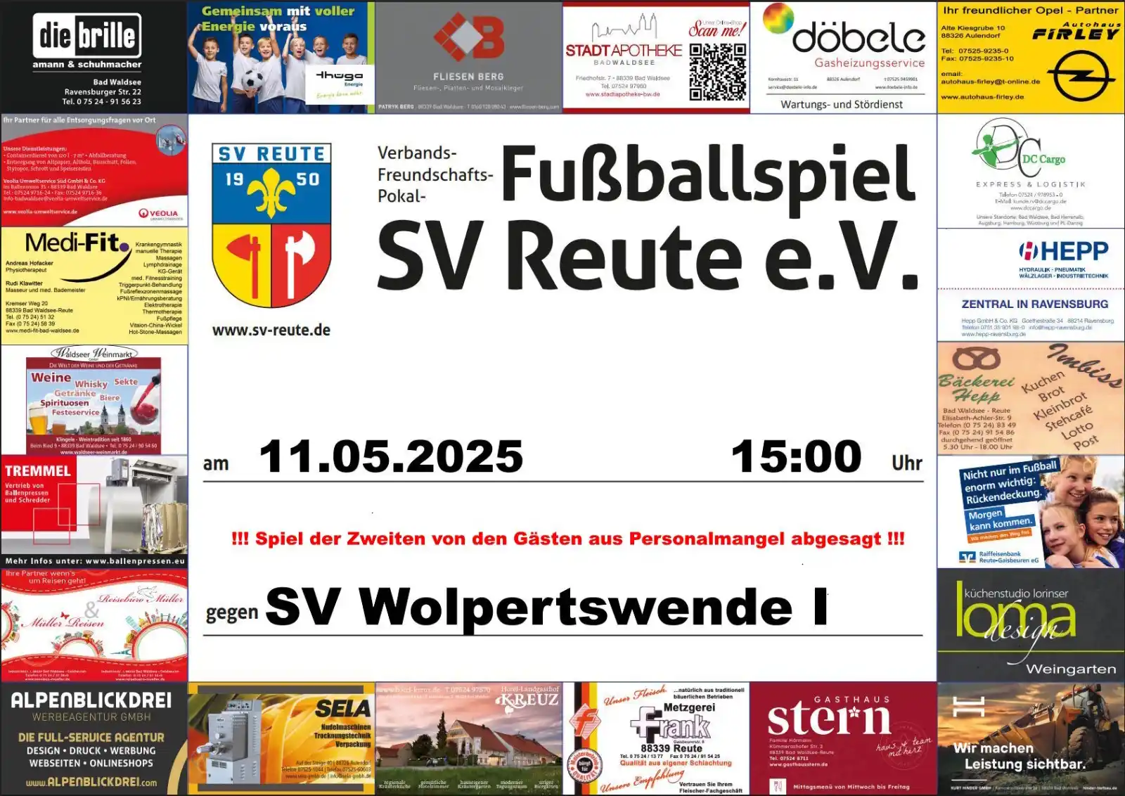 Image from 💙🤍 SV Reute 1950 e.V. News 🤍💙: +++ Spiel der Zweiten wurde heute kurzfristig vom SV Wolpertswende weg...