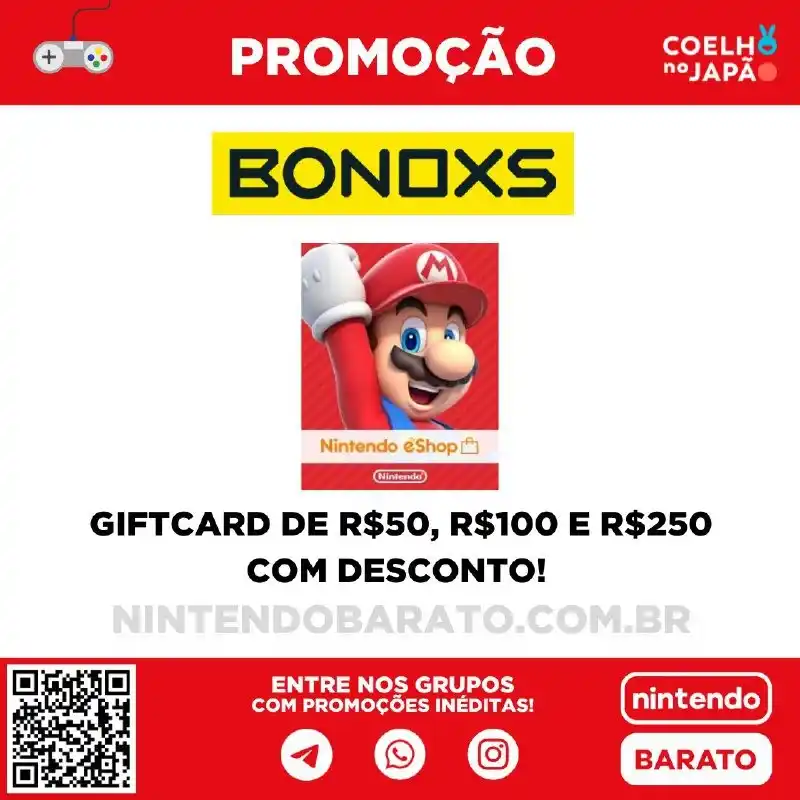 Image from NintendoBarato.com.br: *Promoção - Giftcards da Nintendo com Desconto na Bonoxs!* Para comem...