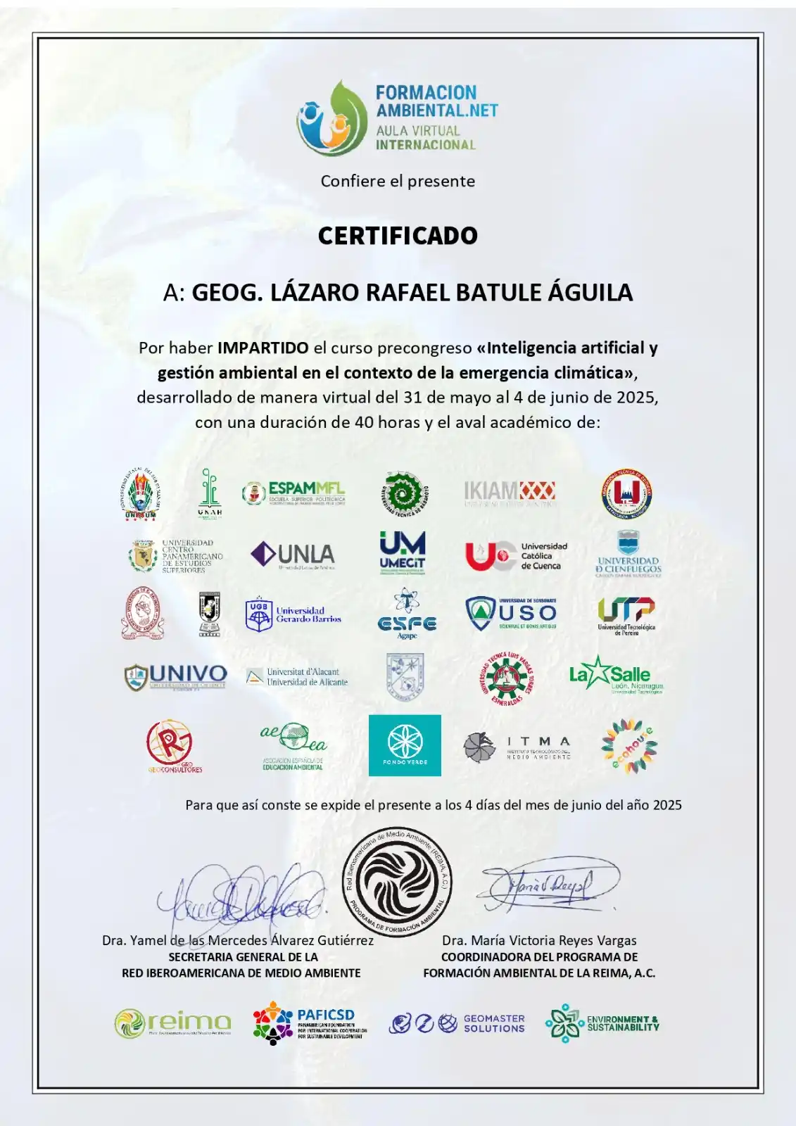 Image from Red Iberoamericana de Medio Ambiente (REIMA, A.C.): REIMA, A.C. agradece al ๐๐ฒ๐ผ๐ด. ๐๐ฎฬ๐๐ฎ๐ฟ๐ผ ๐ฅ๐ฎ๐ณ๐ฎ๐ฒ๐น ๐๐ฎ๐๐๏ฟฝ...