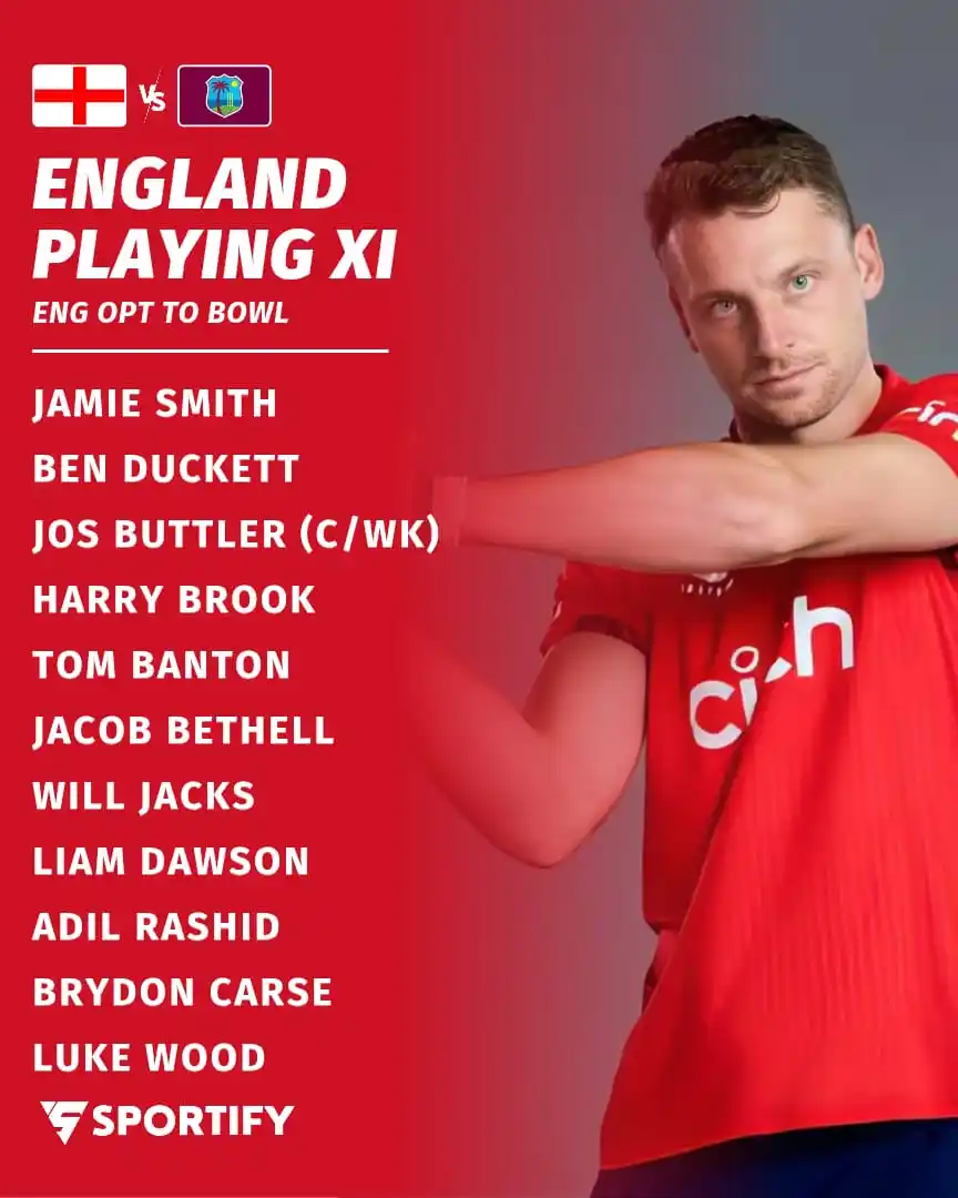 Image from Sportify©️: 🚨 Toss News 🚨 England have decided to Bowl against the West Indies...