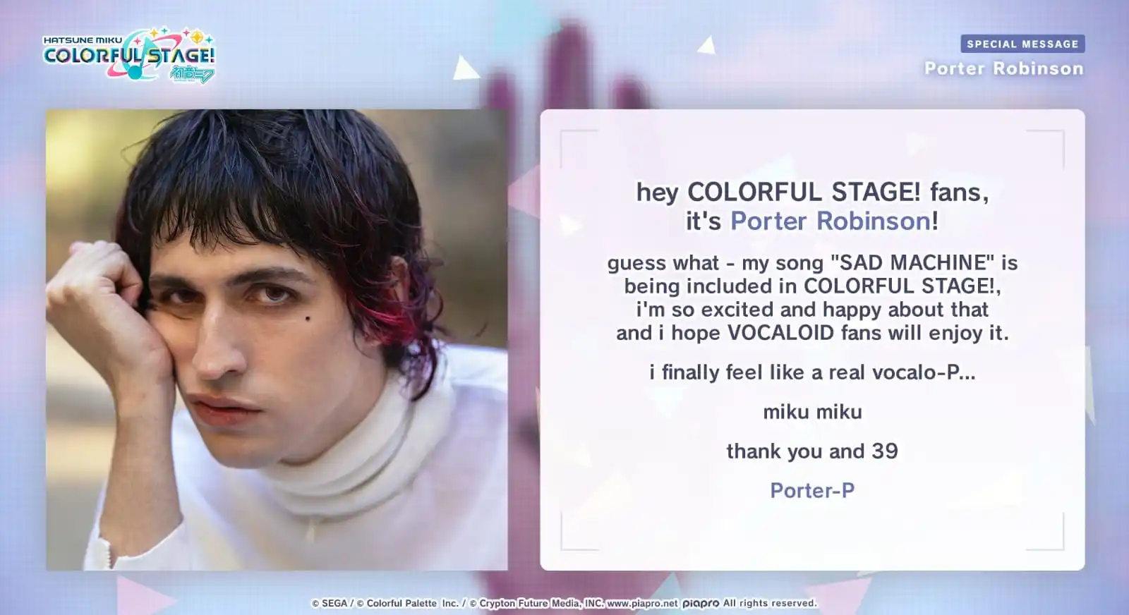 Image from ♡ ¡Project Sekai Updates! 🎨: ☆ Un mensaje de Porter Robinson; - "Hola fans de COLORFUL STAGE!, ¡Es...