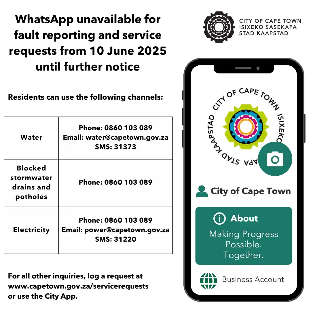 Image from PCRA (Plumstead Civic /Ratepayers Association): URGENT: WhatsApp service down from 10 June 2025. WhatsApp will be una...