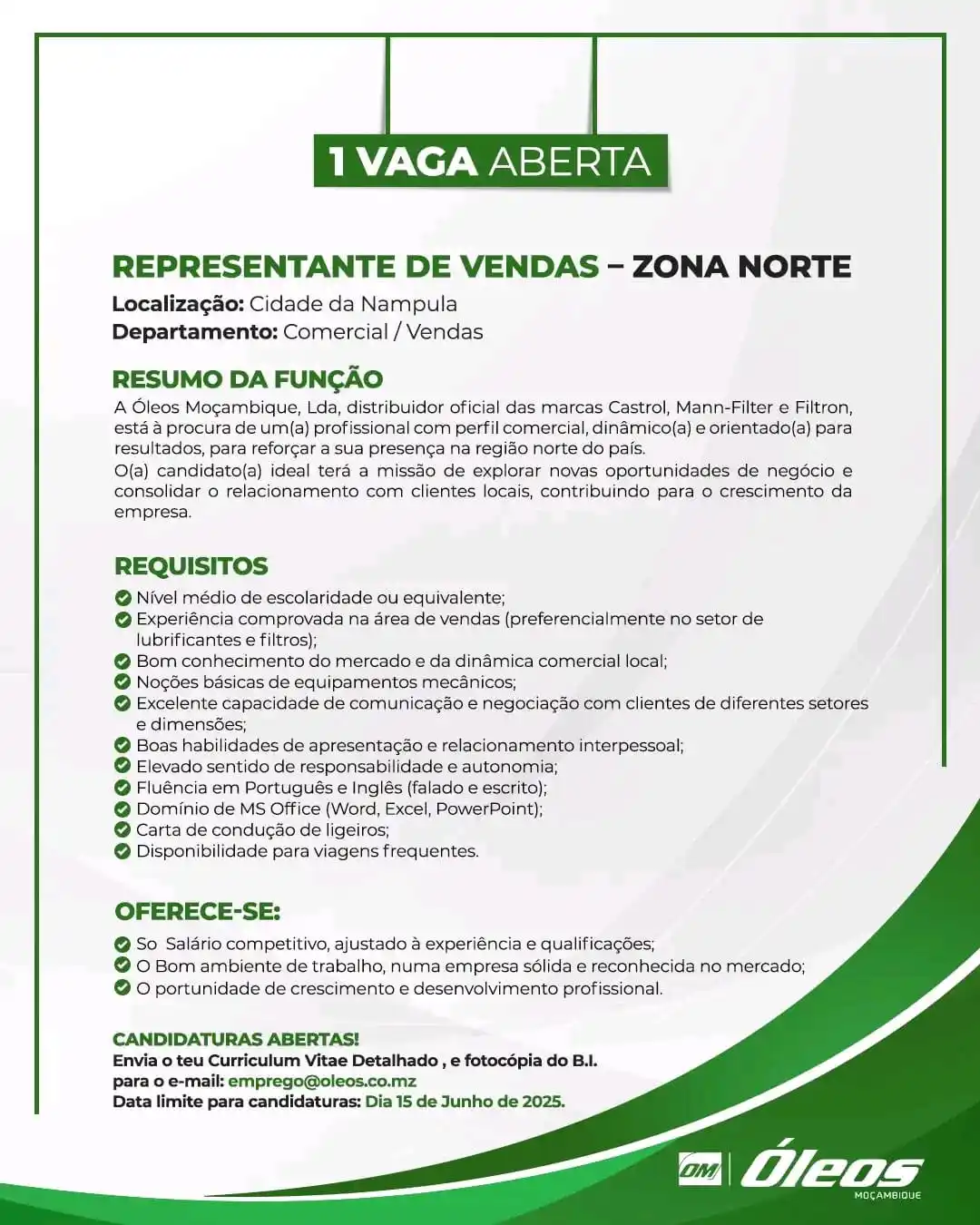 Image from News Online Moz Condutores Lda: 📢 1 VAGA ABERTA – REPRESENTANTE DE VENDAS (ZONA NORTE) 🌍 Localização...