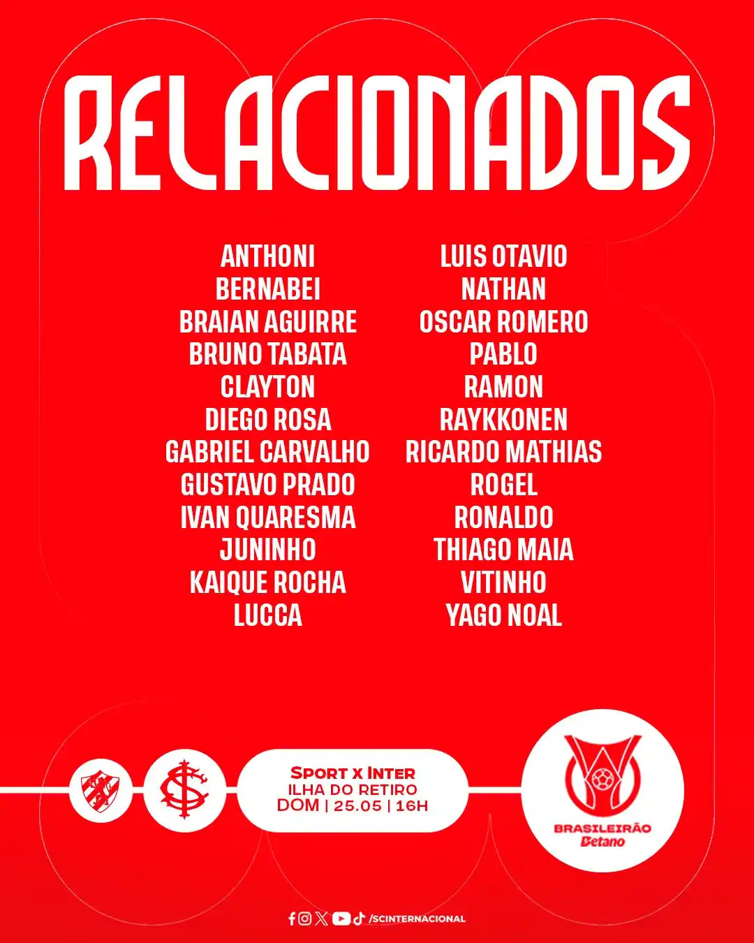 Image from Mundo Colorado | Inter Oficial: 📝 Confira a lista de relacionados pelo técnico Roger Machado para o d...
