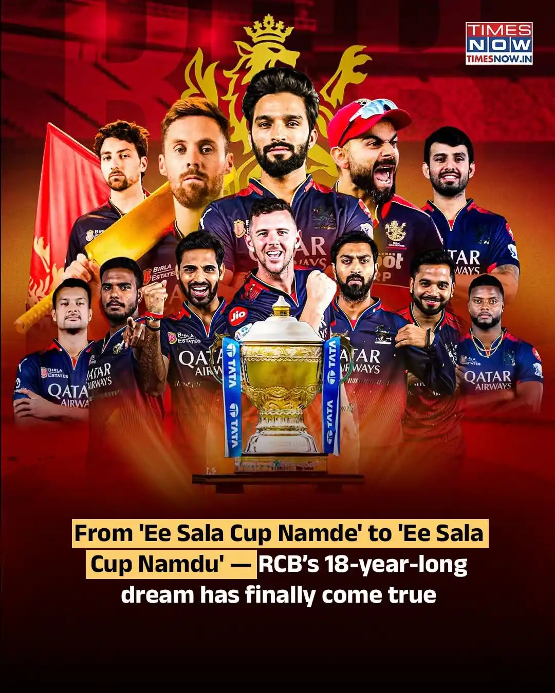 Image from Times Now: "Red turns gold — RCB are the champions of IPL 2025!" <a class="text-...