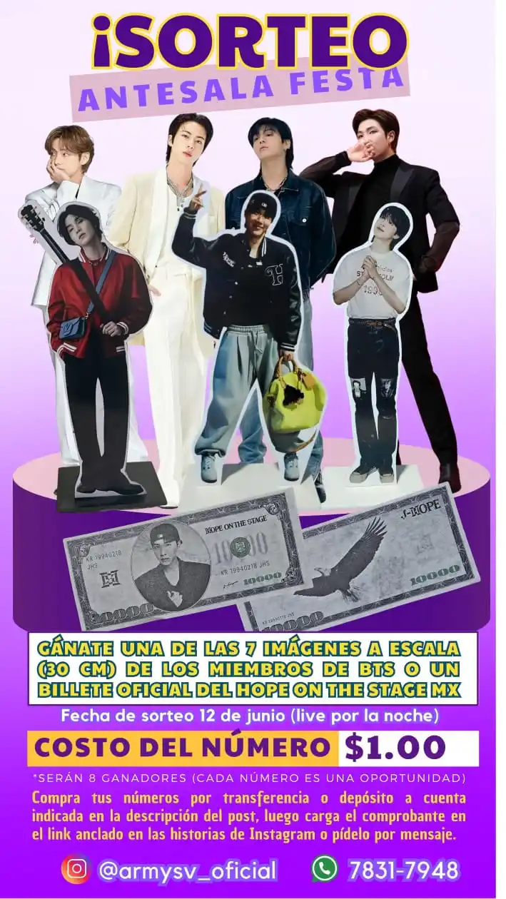 Image from ARMY SV (Fanbase de El Salvador): 💜 RIFA DE UN BILLETE HOTS (MX) + 7 HOMBRES A ESCALA 💜 👉 VENTA DE N...