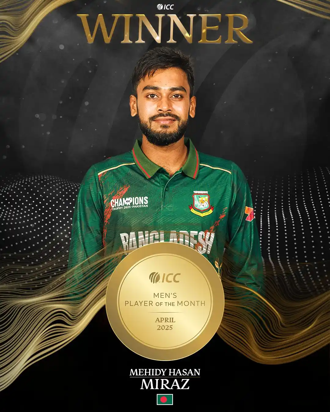 Image from ICC: Shining with bat and ball, Bangladesh's star all-rounder Mehidy Hasan ...