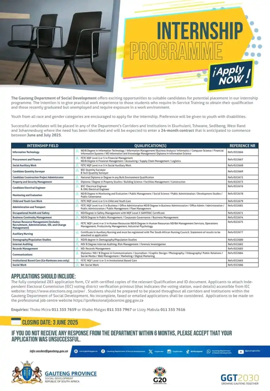 Image from Bophelo Foundation: ⚠️ INTERNSHIP OPPORTUNITIES The Gauteng Department of Social Develop...