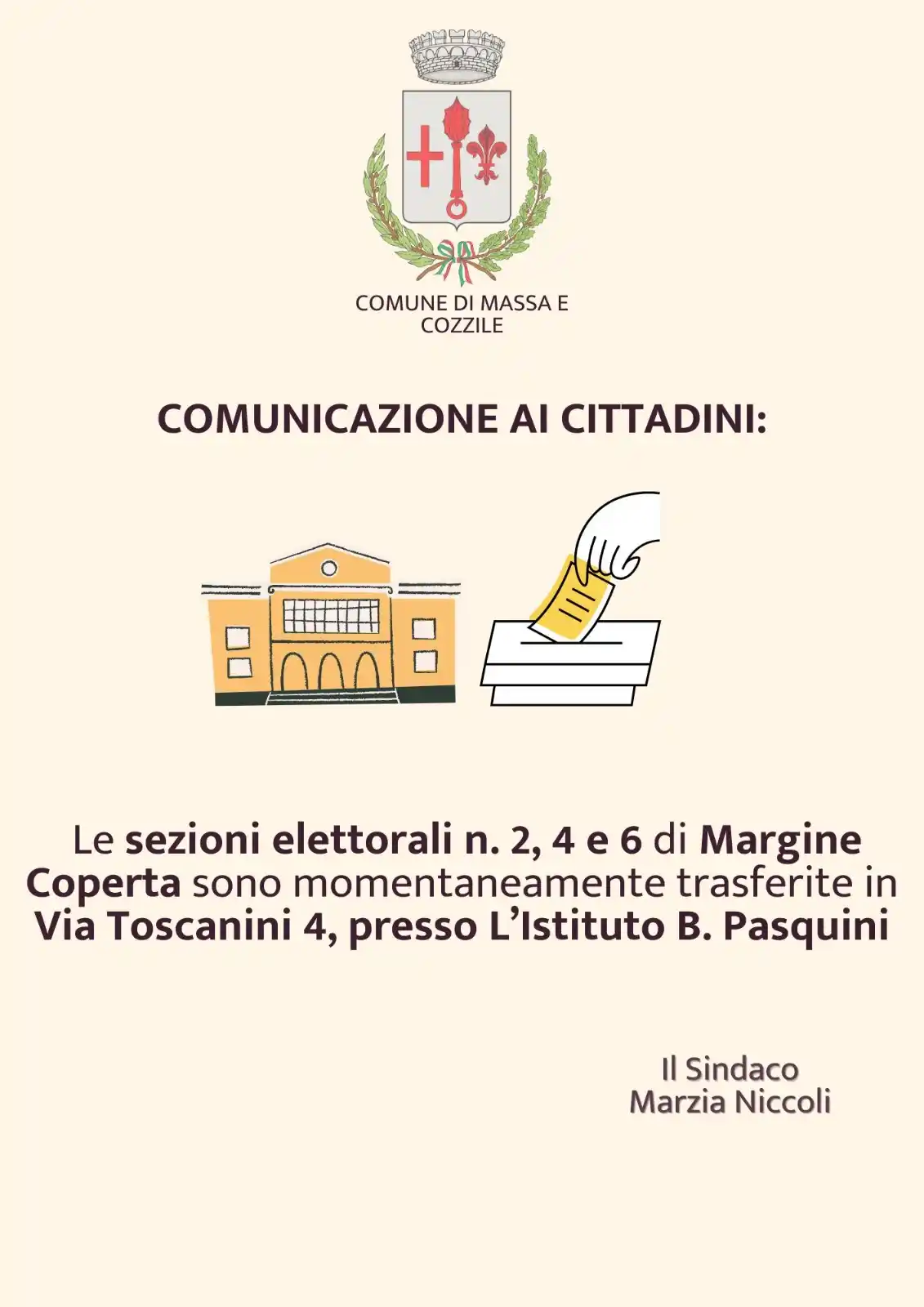 Image from Comune di Massa e Cozzile: 📢 Avviso Importante – Trasferimento Sezioni Elettorali Si informa la...