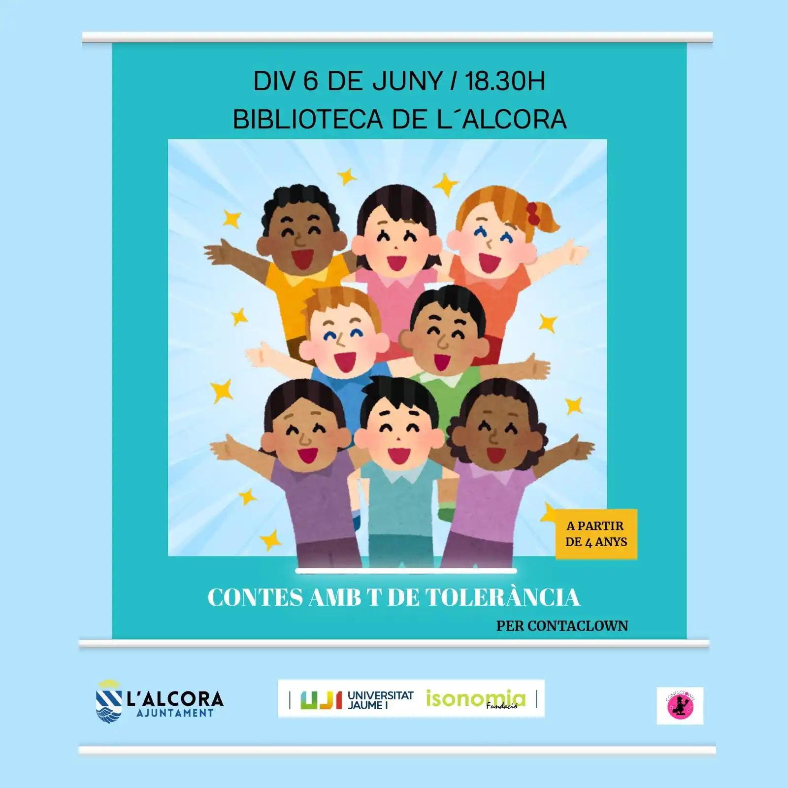 Image from Ajuntament de l’Alcora: 📚✨ *Contes amb T de Tolerància* 🎭 per *Contaclown* 🗓️ *Divendres 6...
