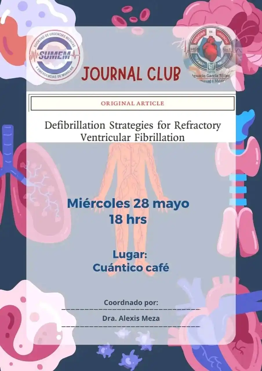 Image from Canal SUMEM: **Journal Club Mayo** 🚑Este mes revisaremos la estrategia de desfibr...