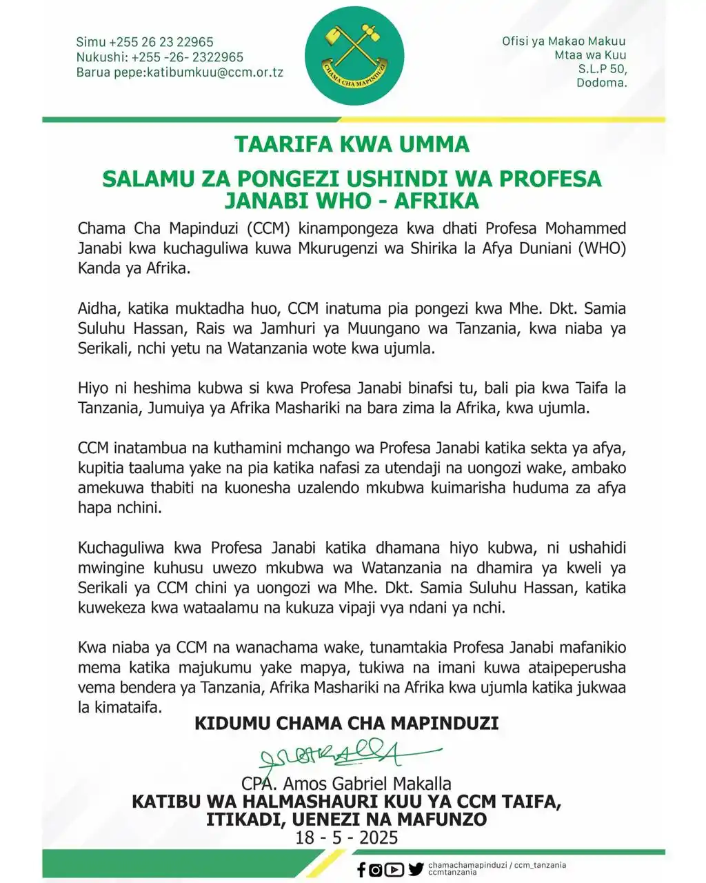 Image from Chama Imara Na Samia: Pongezi za Chama Cha Mapinduzi kwa Ushindi wa Profesa Janabi...