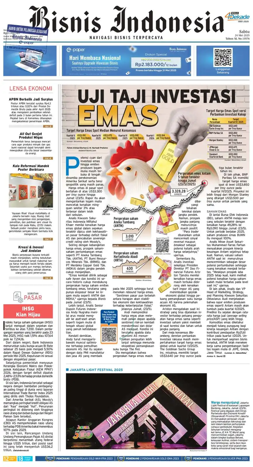 Image from Bisnis Indonesia Group: *UJI TAJI INVESTASI EMAS* Potensi cuan dari investasi emas hingga emi...